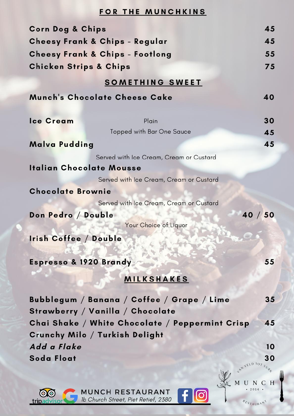 Menu at Munch Restaurant, Piet Retief