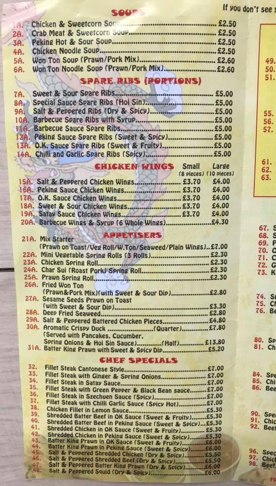 Menu at Hong Kong chippy fast food, Manchester, 149 Henrietta St