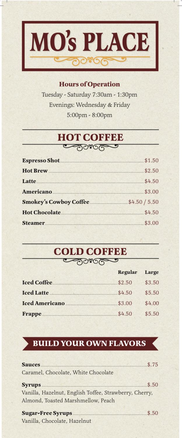 Menu at Mo's Place restaurant, Waukomis