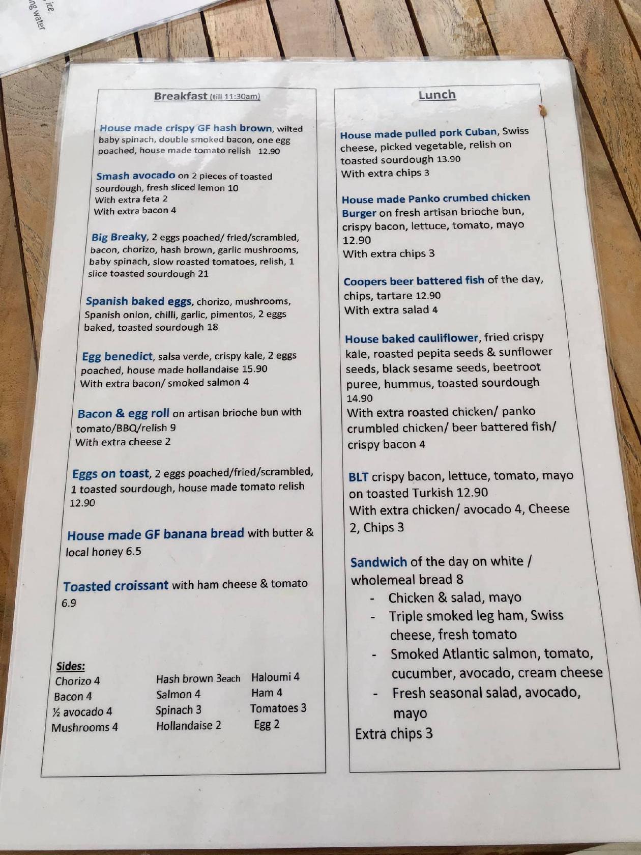Menu at Cady A Cafe, Coffs Harbour