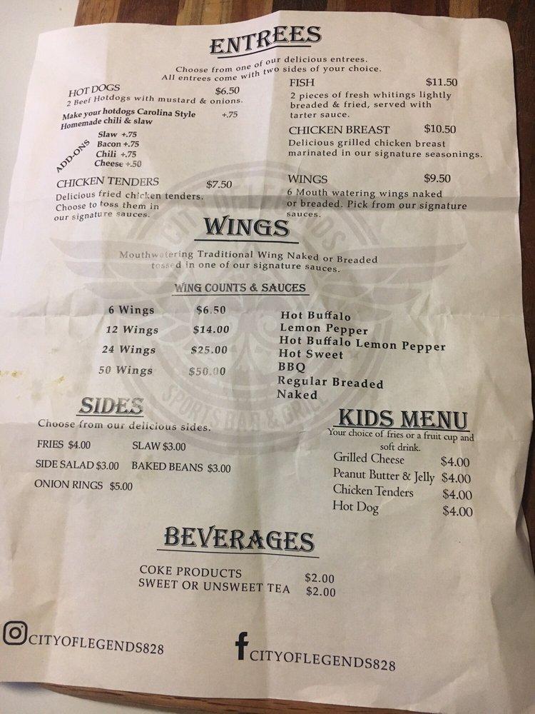 Menu at City of Legends Sports Bar & Grill, Spindale