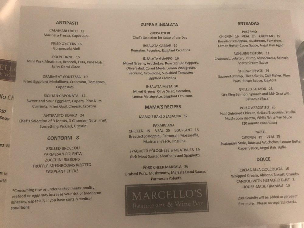 Menu at Marcello's pub & bar, Covington