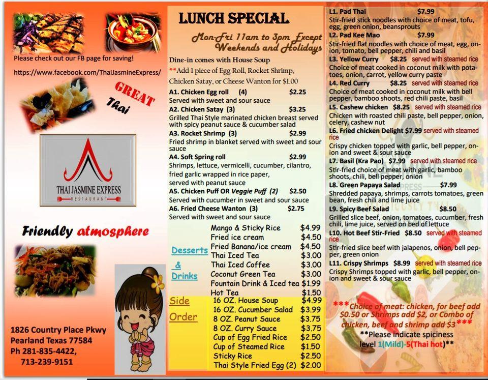 Menu at Thai Jasmine Express restaurant, Pearland
