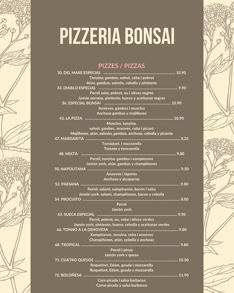 Carta de Restaurant Bonsai, San Carlos de la Rápita