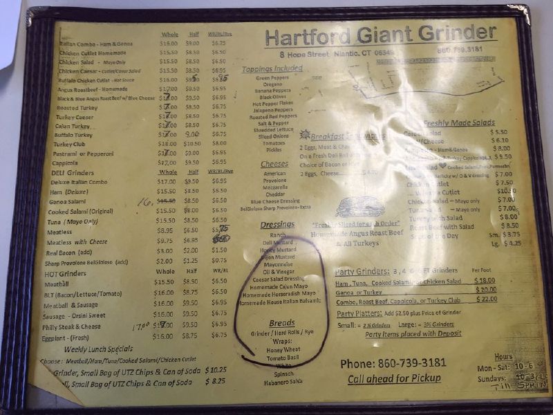 Menu at Hartford Giant Grinder fast food, East Lyme