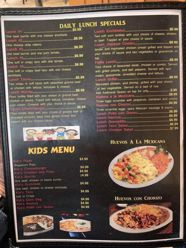 Menu at Los Tres Hermanos restaurant, Hominy