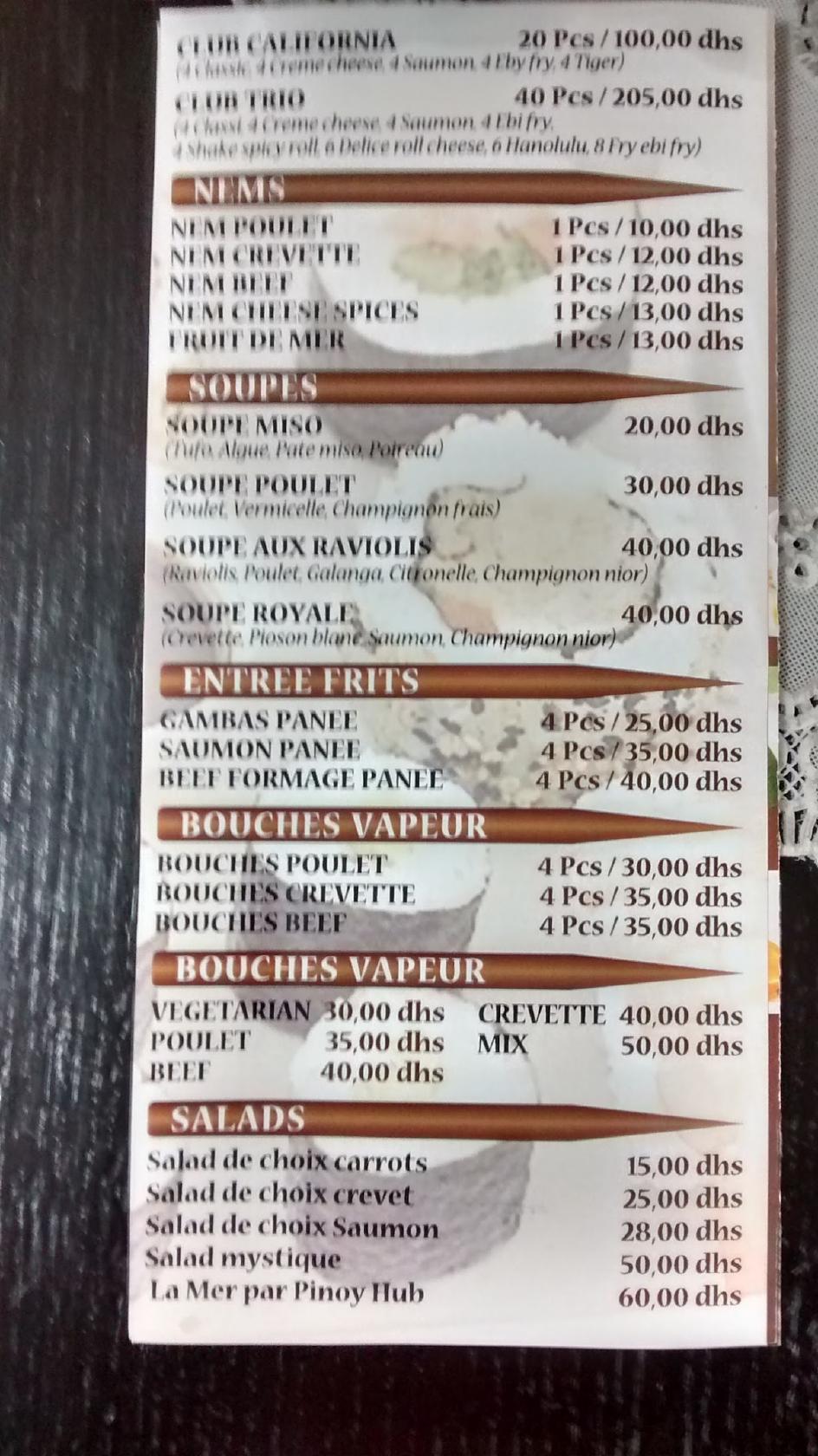 Menu at Pinoy Hub restaurant, Casablanca, 2 Rue Jaafar Ibnou Habib