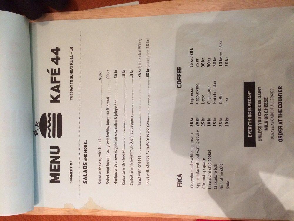 Menu at Kafé 44 cafe, Stockholm, Tjärhovsgatan 46