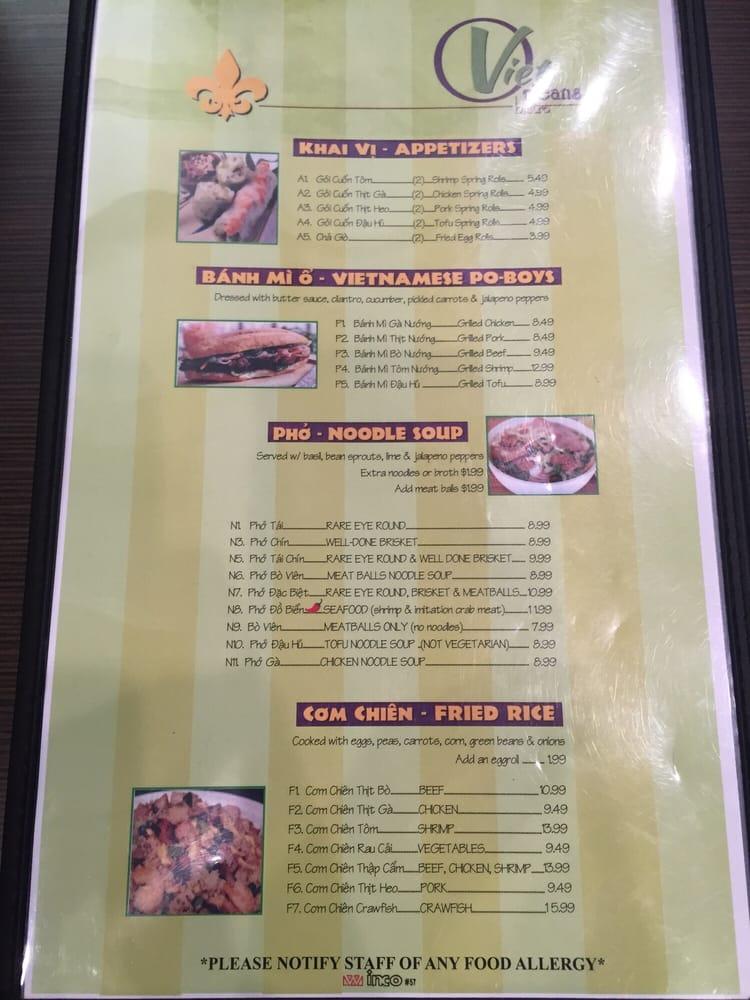 Menu at Viet Orleans Bistro restaurant, New Orleans