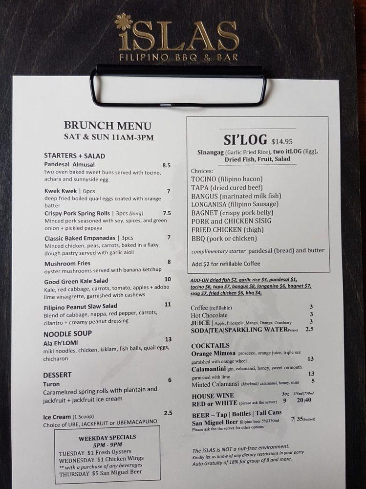 Menu at iSLAS FILIPINO BBQ & BAR, Toronto