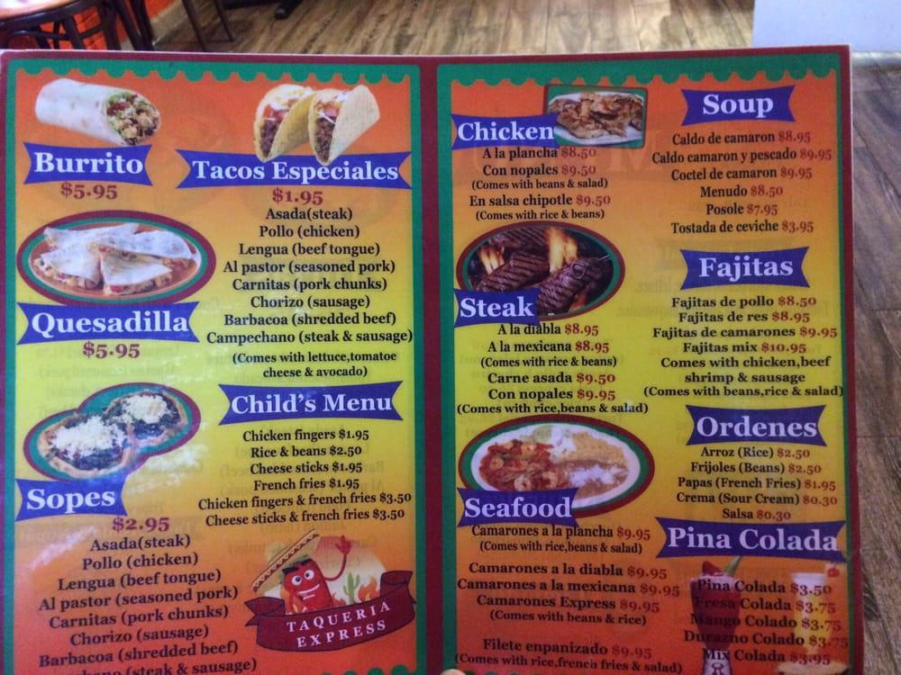 Menu at Taqueria Express restaurant, Charlotte, Albemarle Rd