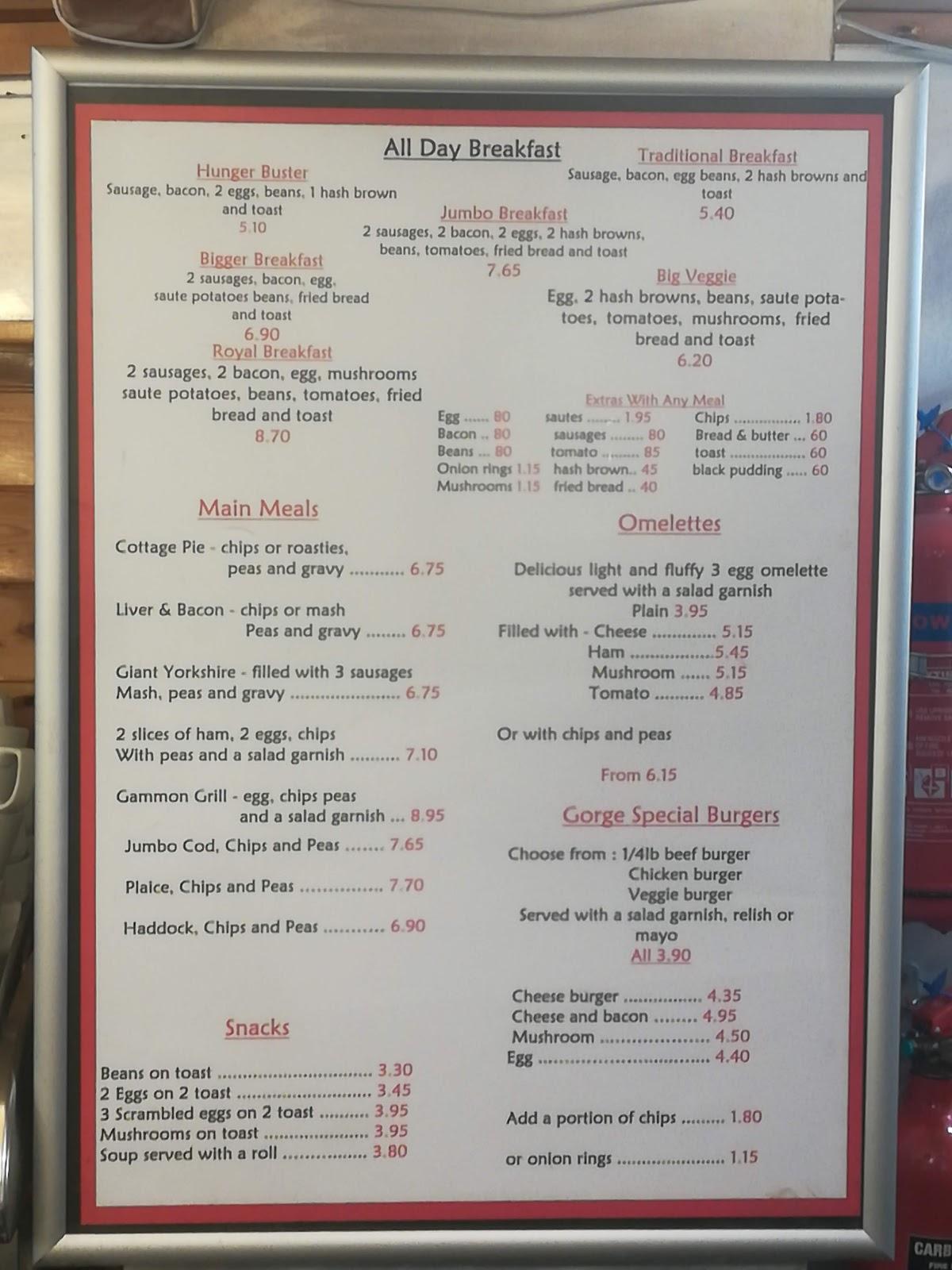 Menu at The Gorge Cafe, Blandford Forum