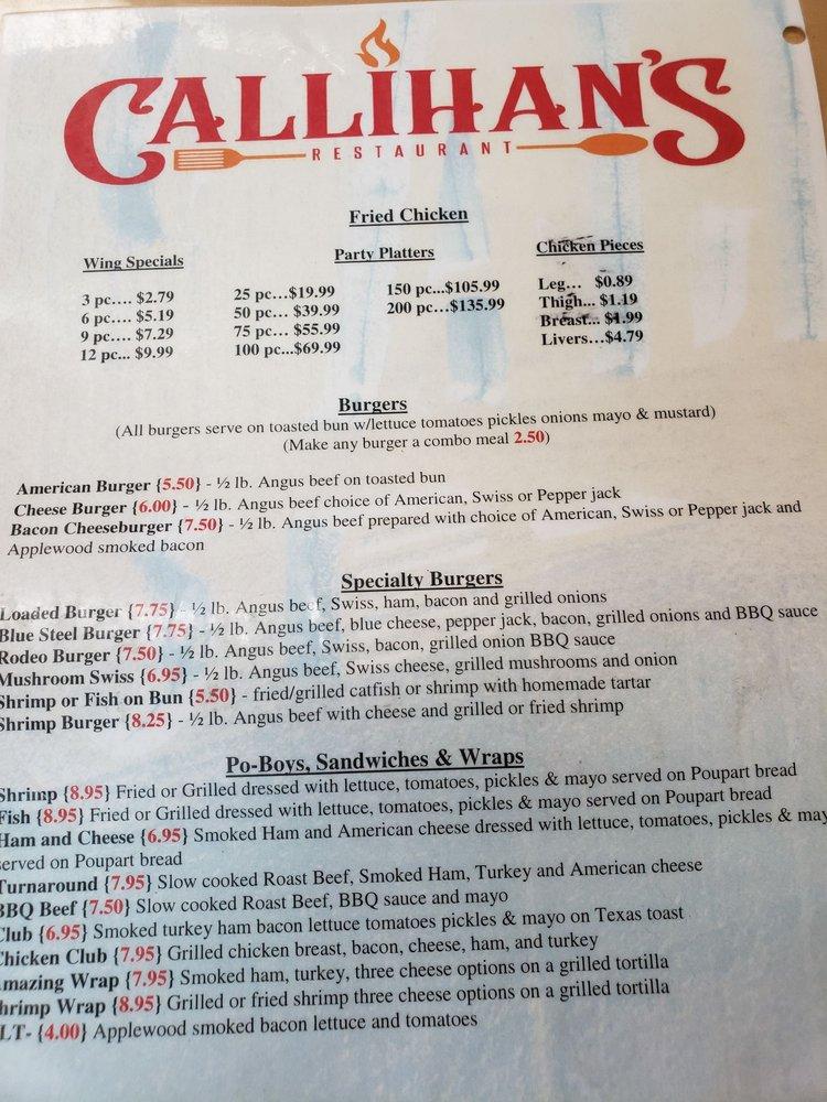 Menu at Callihans Restaurant, Baker