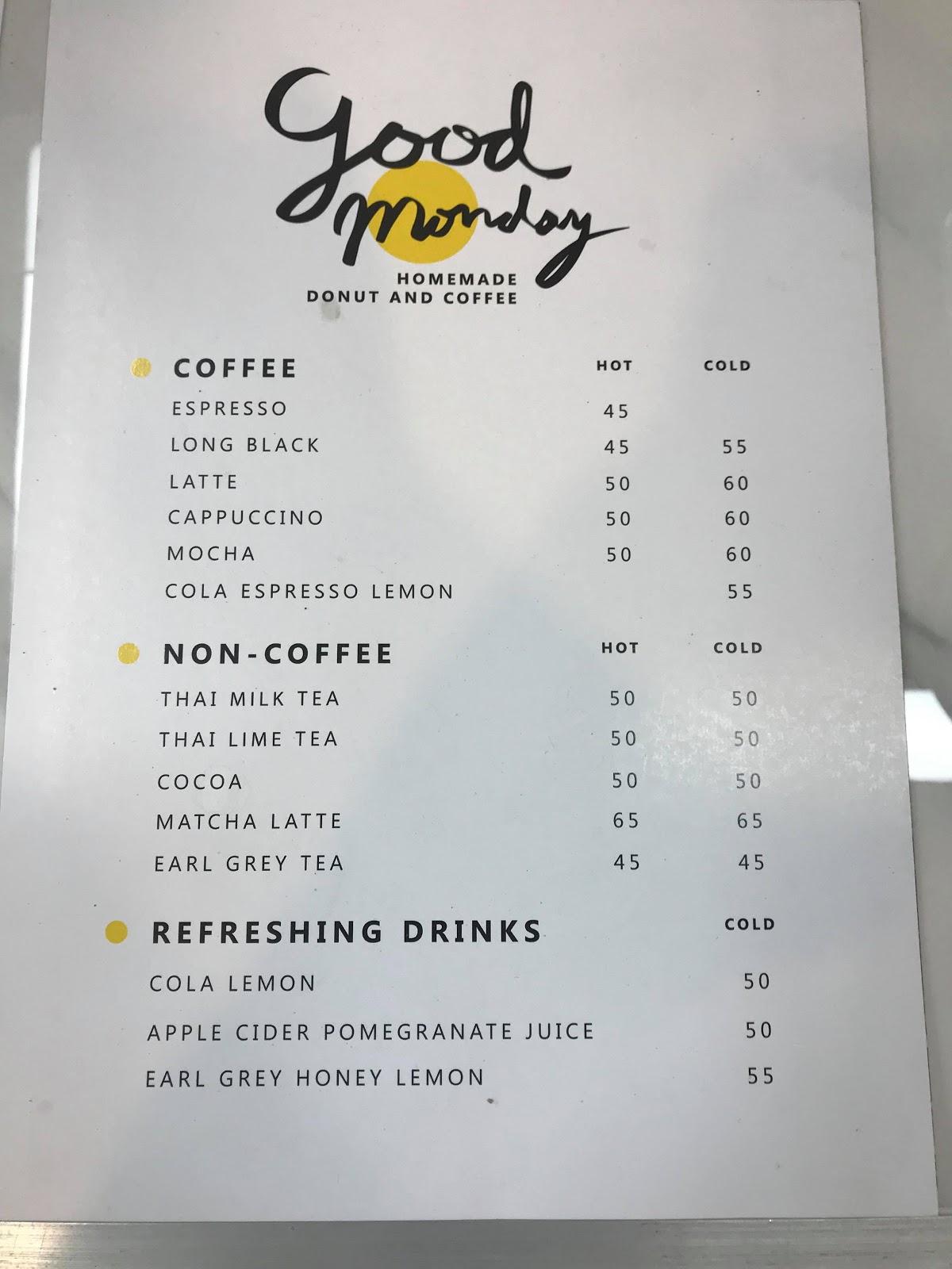 Menu at Good Monday Homemade donut and coffee cafe, Chiang Mai