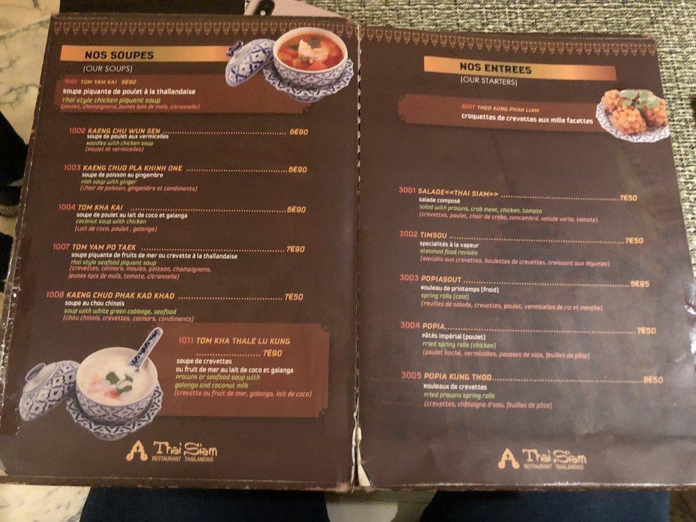 Menu at Thaï Siam restaurant, Paris