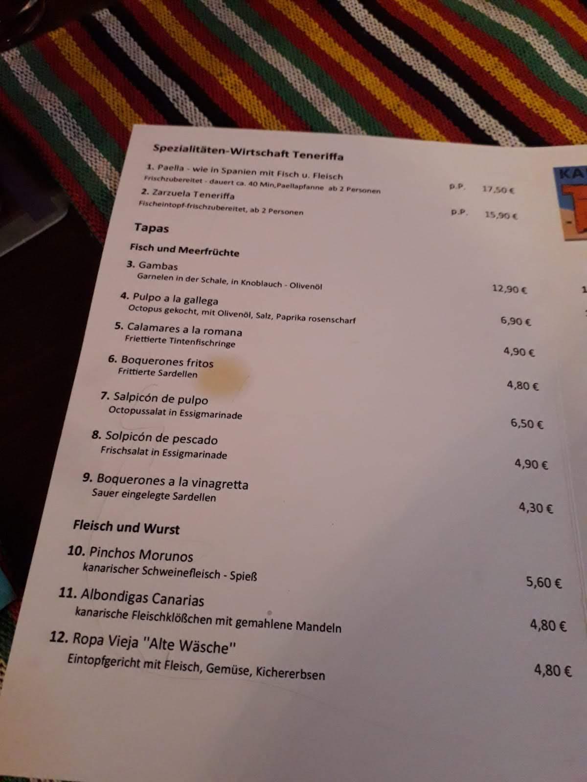 Speisekarte von TENERIFFA Kanarische Spezialitäten und Tapas