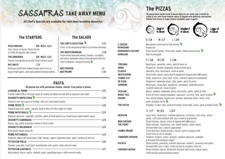 Menu at Sassafras Yamba pizzeria, Yamba, 16 Coldstream St