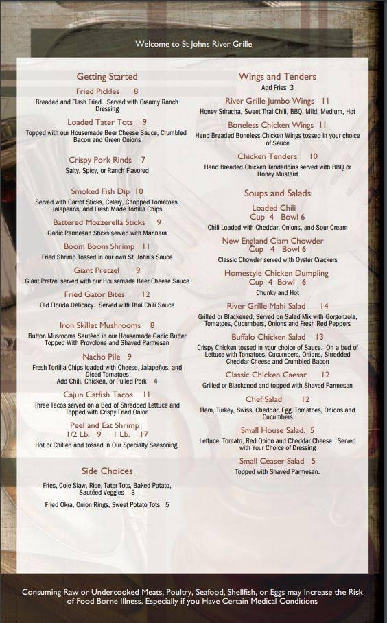 Menu at St. John's River Grille steakhouse, DeLand