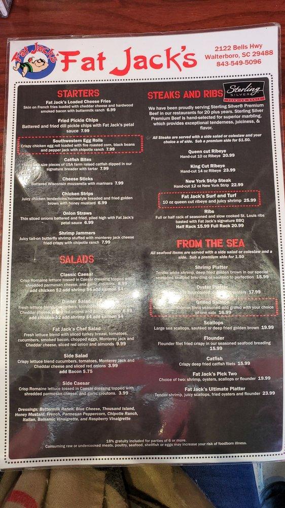 Menu at Fat Jack's pub & bar, Walterboro, Bells Hwy
