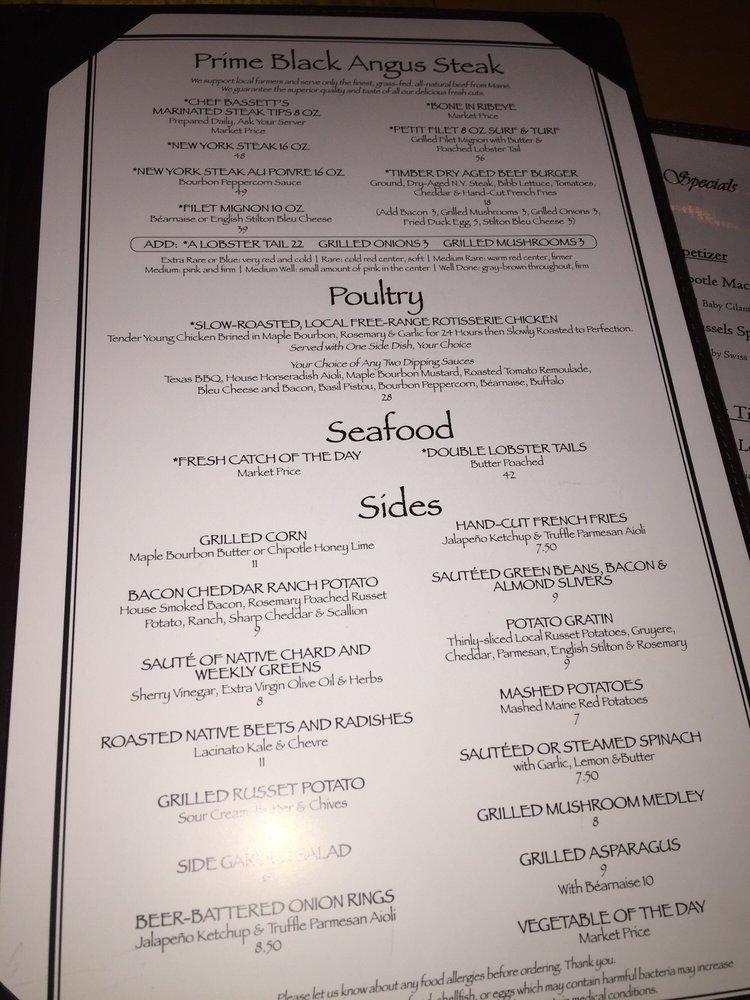 Menu at Timber steakhouse, Portland