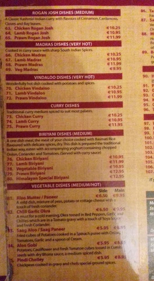 Menu at Himalayan Indian Restaurant, CarrickOnShannon