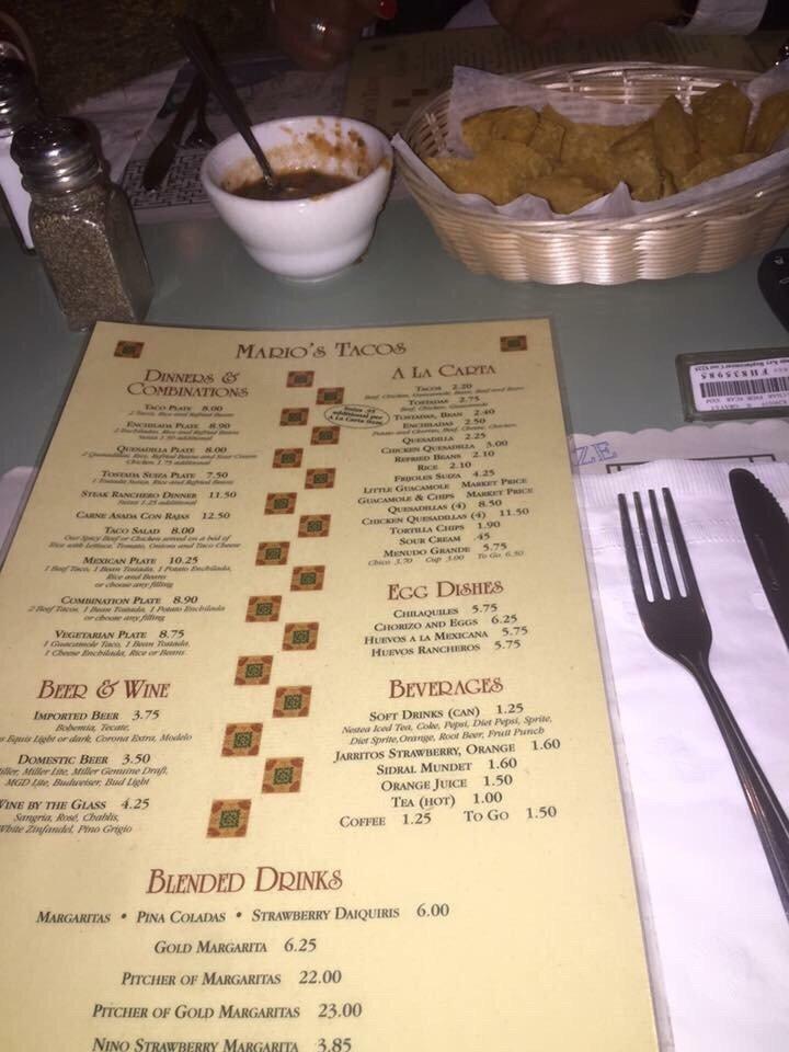 Menu at Mario's Tacos restaurant, Blue Island, Old Western Ave