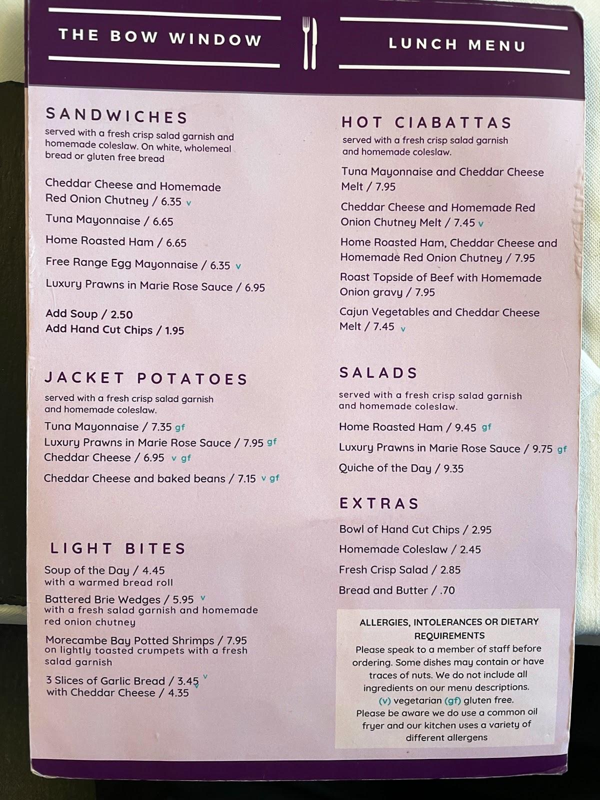 Menu at Bow Window restaurant, Morecambe