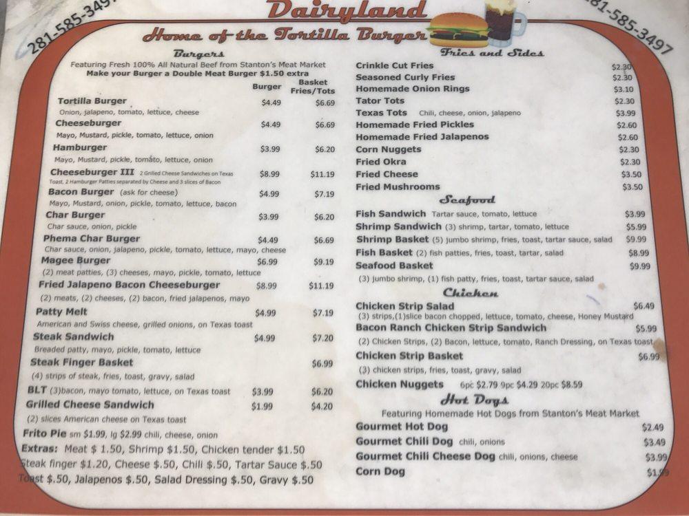 Menu at Dairy Land restaurant, Alvin, S Gordon St