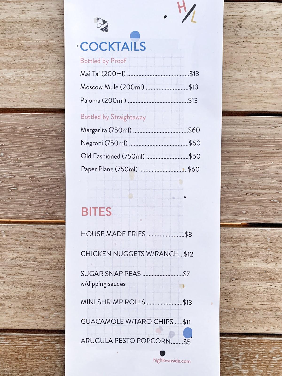 Menu at High/Low restaurant, Oceanside