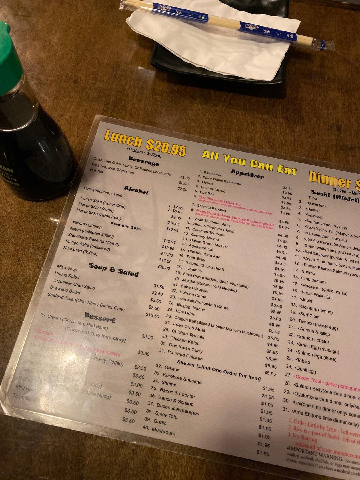 Menu at Sakana Sushi restaurant, Las Vegas