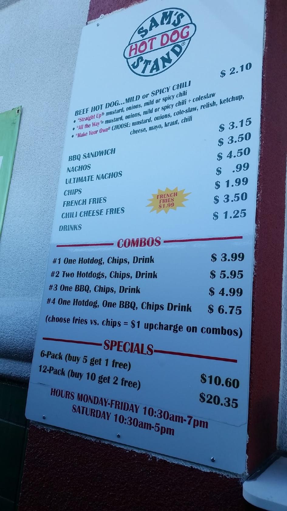Menu at Sam's Hot Dog Stand restaurant, Christiansburg