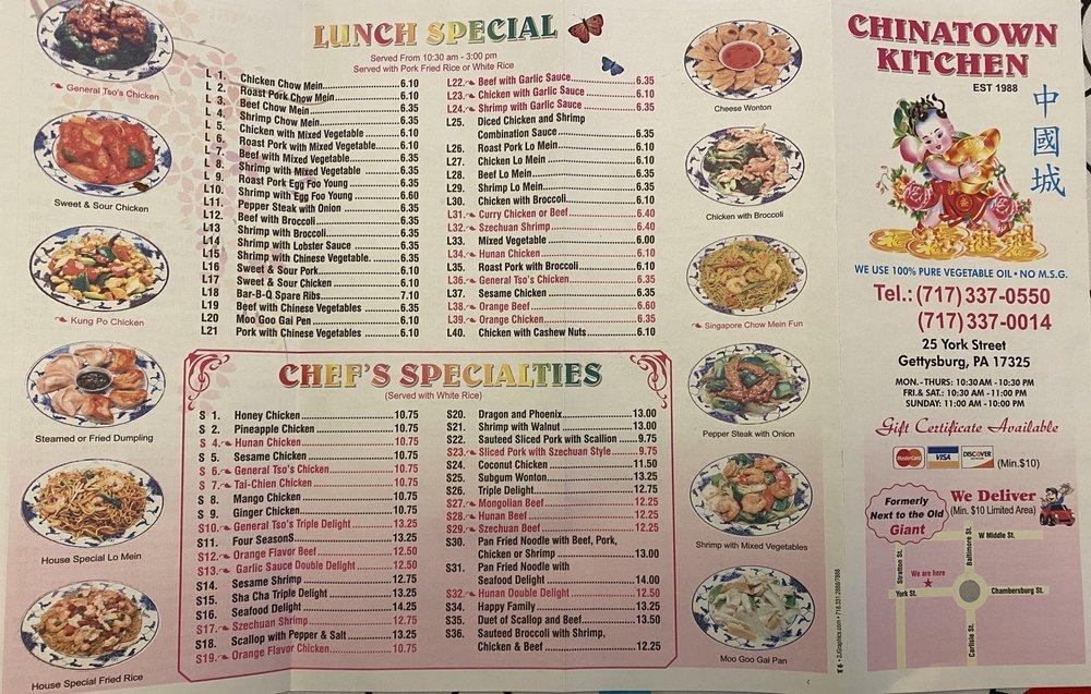 Menu at Chinatown Kitchen restaurant, Gettysburg