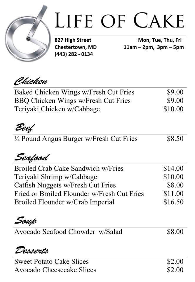 Menu at Life of Cake, Chestertown