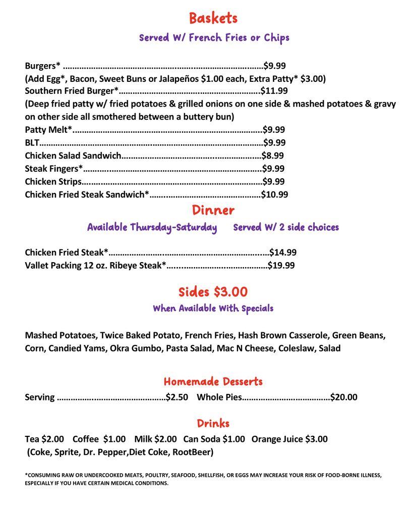 Menu at Southern Fried Ganado Cafe, Ganado