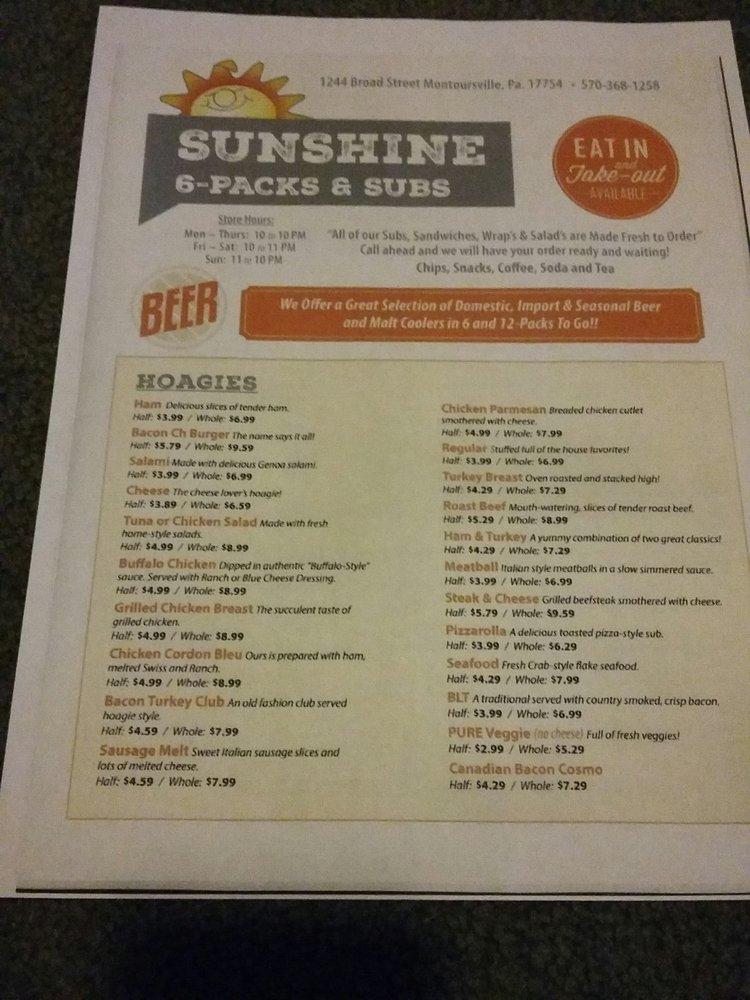 Menu at Sunshine 6Packs and Subs pub & bar, Montoursville
