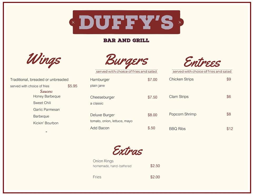 Menu at Duffy's Bar, Hoople