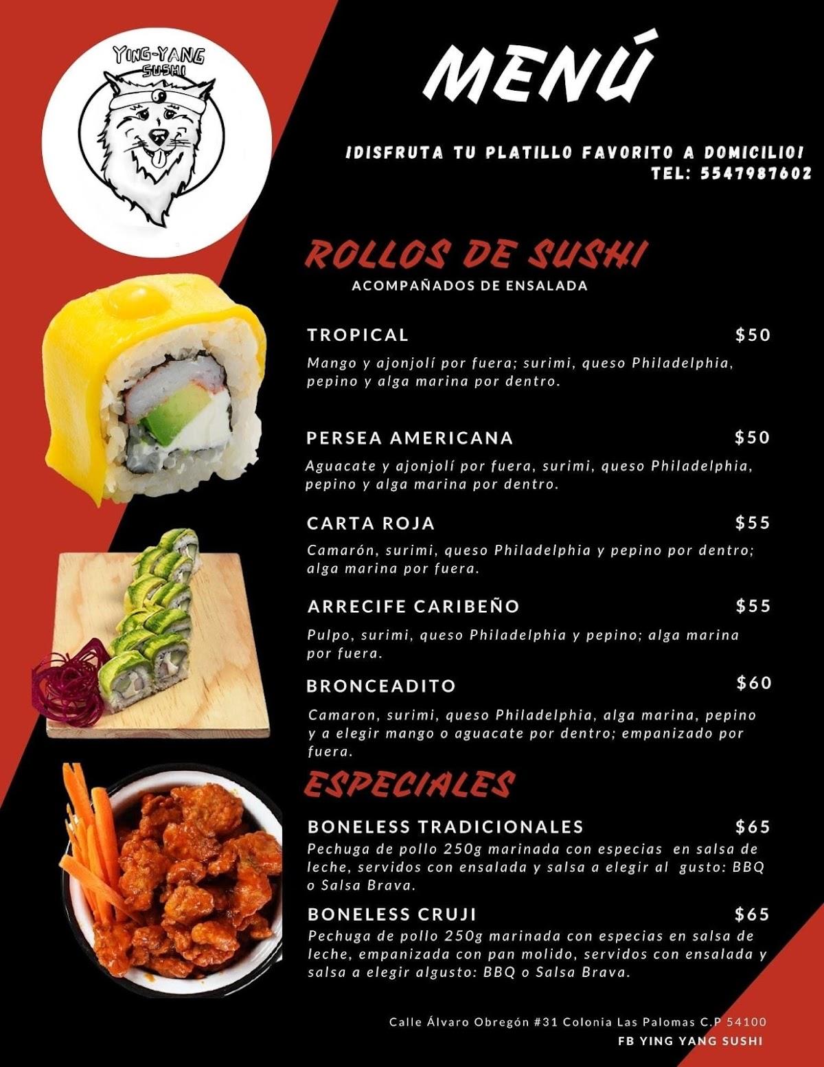 Menu at Ying-Yang Sushi restaurant, Tlalnepantla de Baz