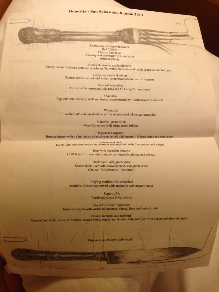 Menu at Arzak restaurant, San Sebastián, Alcalde J. Elosegi Hiribidea