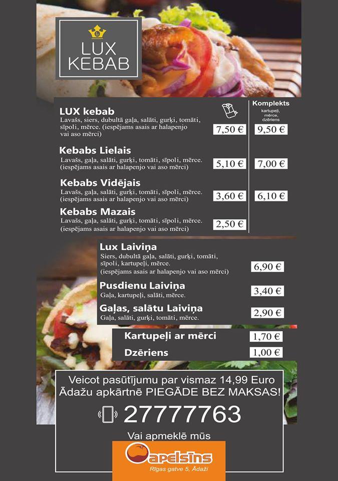 Menu at LUX KEBAB cafe, Ādaži