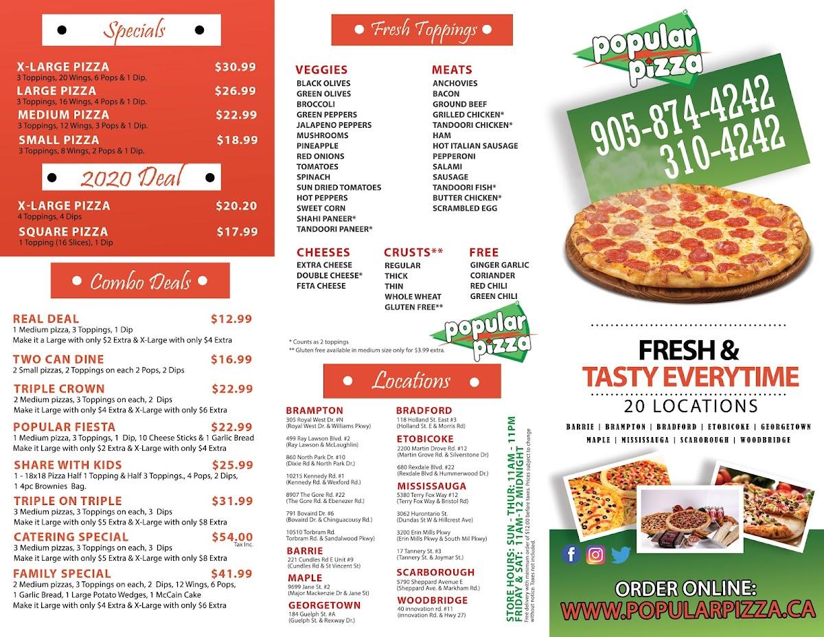 Menu at Popular Pizza restaurant, Barrie