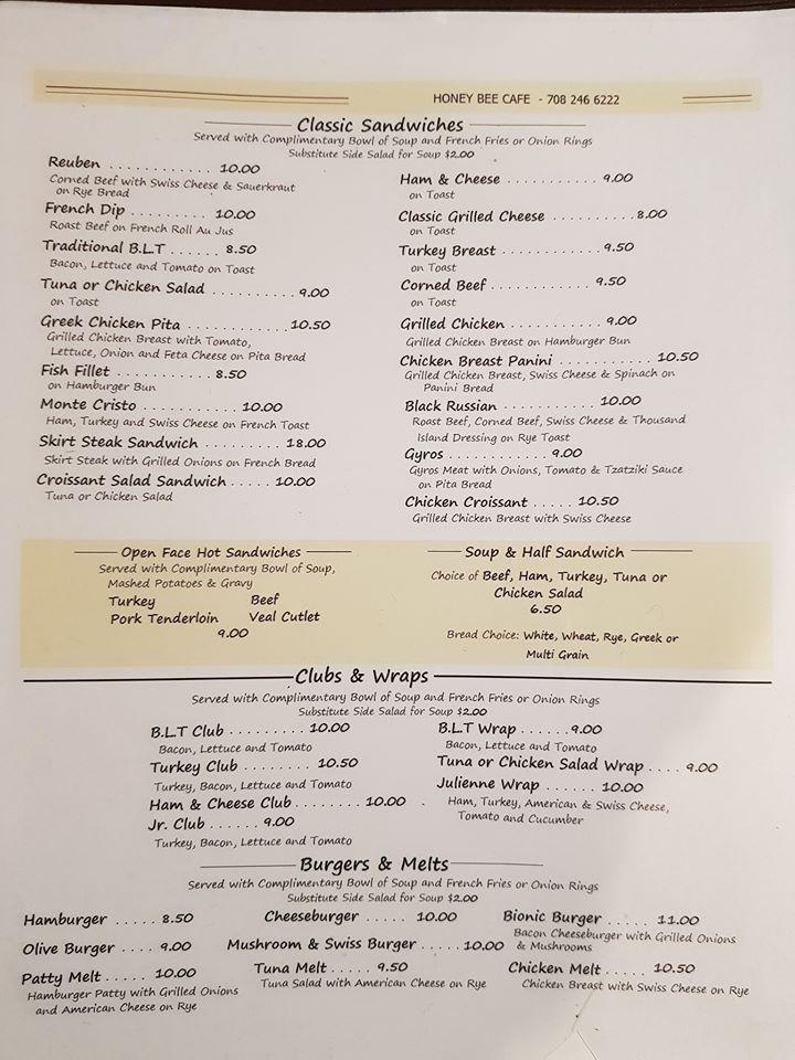 Menu at Honey Bee Cafe, Western Springs