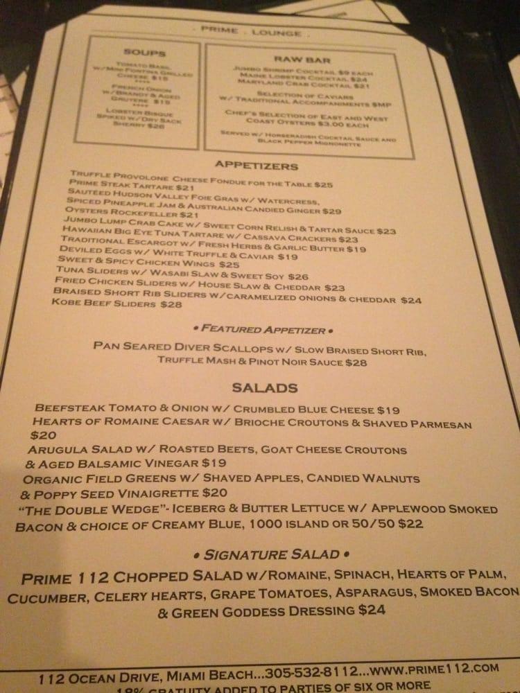 Menu at Prime 112 Restaurant, Miami Beach