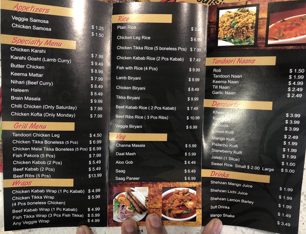 Menu at Sizzler kabab restaurant, Toronto, 754 King St W