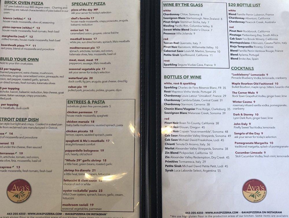Menu at Ava's Pizzeria & Wine Bar Cambridge, Cambridge