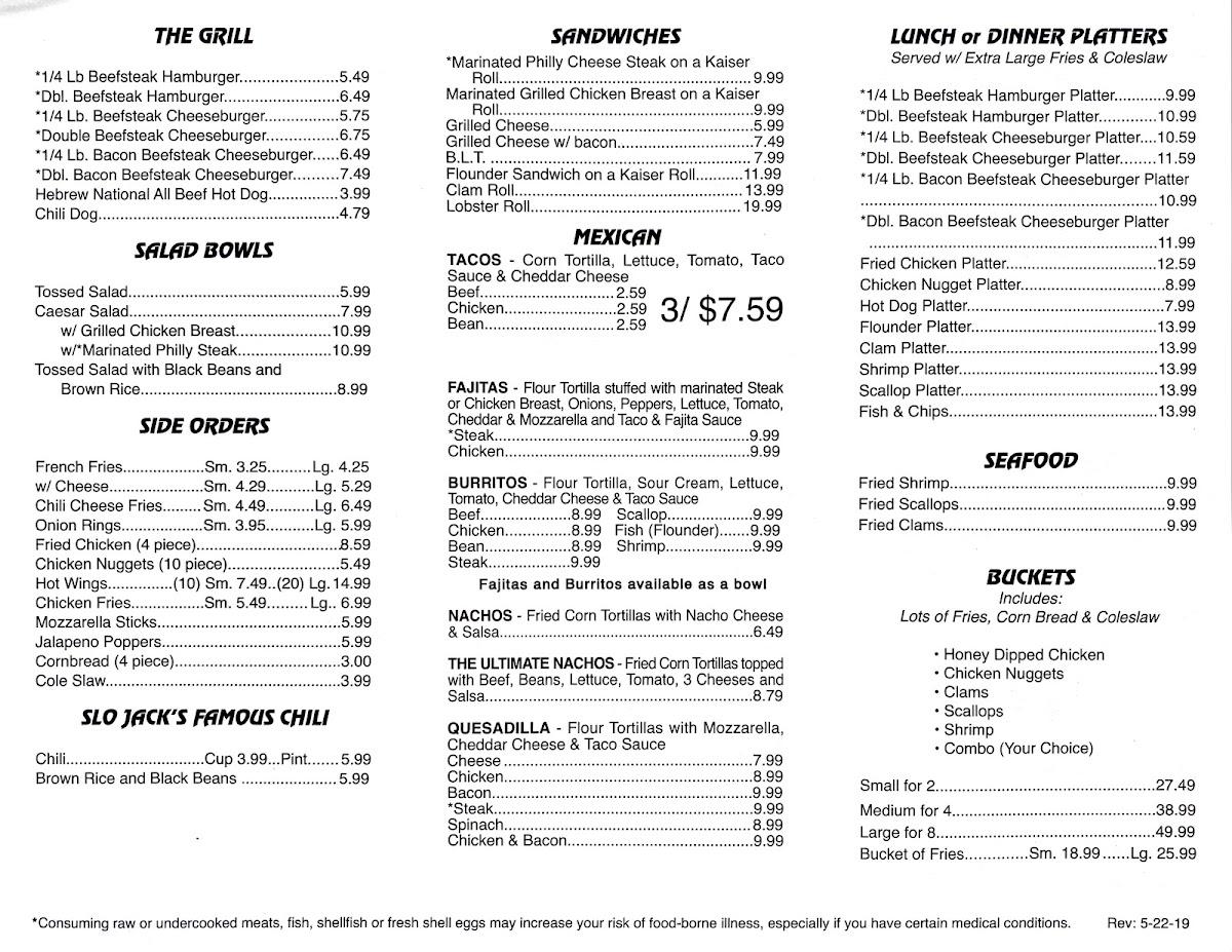 Menu at SloJack's DriveIn restaurant, Hampton Bays