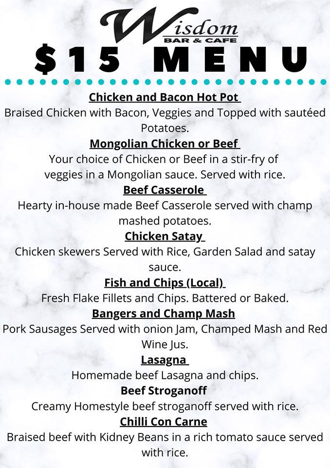 Menu at Wisdom Bar & Cafe, Darwin City