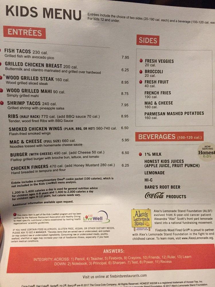Menu at Firebirds Wood Fired Grill pub & bar, Indianapolis