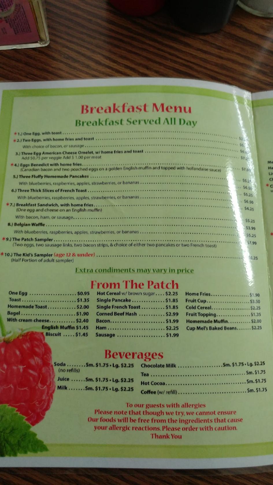 Menu at Mel's Raspberry Patch restaurant, Sanford, 372 Alfred Rd