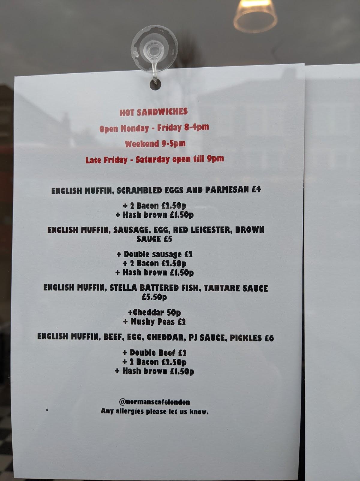 Menu at Norman's Cafe, London
