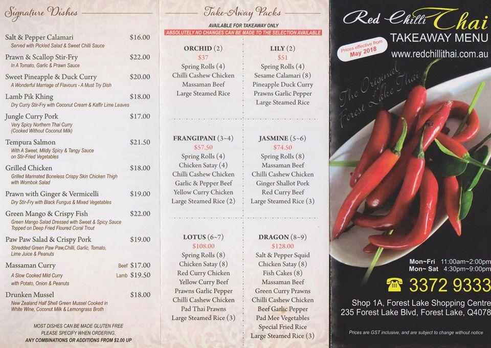Menu at Red Chilli Thai Restaurant, Forest Lake